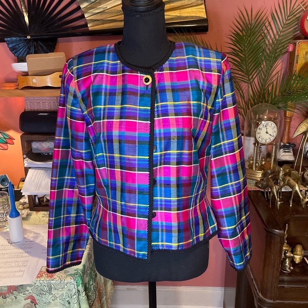 Vintage 80s Maggy London Silk pink and blue plaid collarless blazer with trim